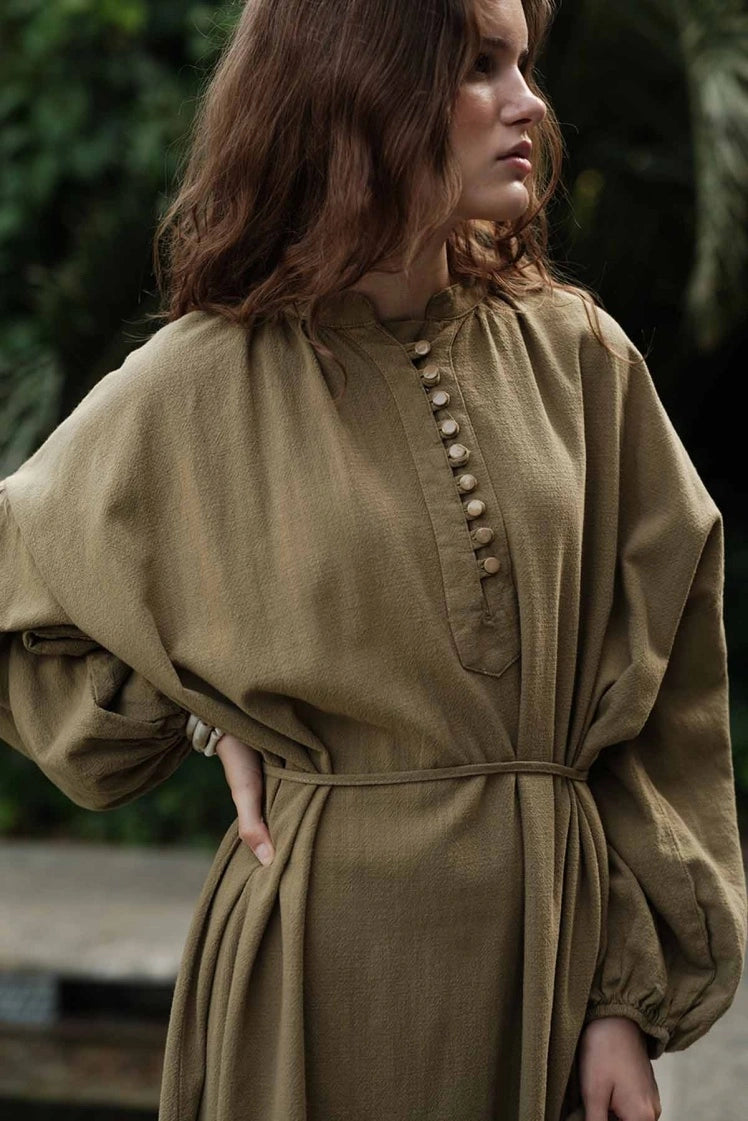 Cotton Dress met Ballonmouwen - Olijfgroen