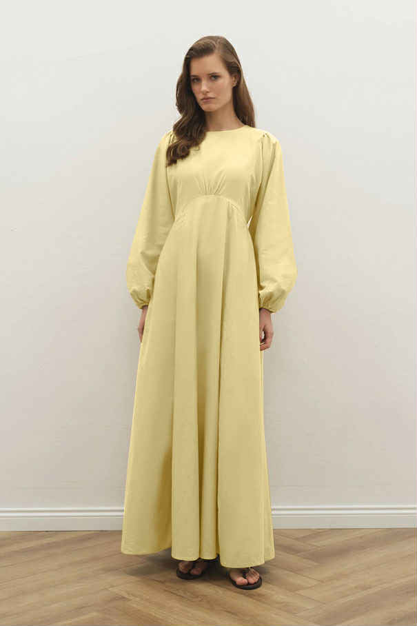 Cotton Dress met Ballonmouwen - Butter Yellow