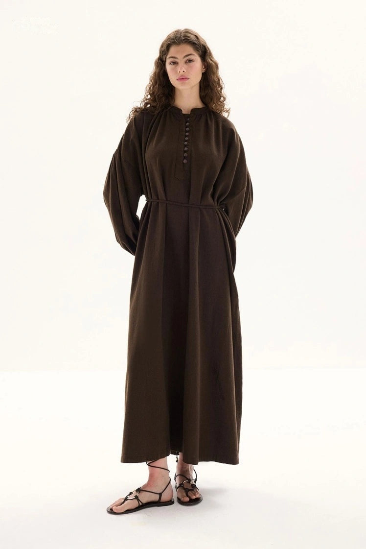 Cotton Dress met Ballonmouwen - Bruin