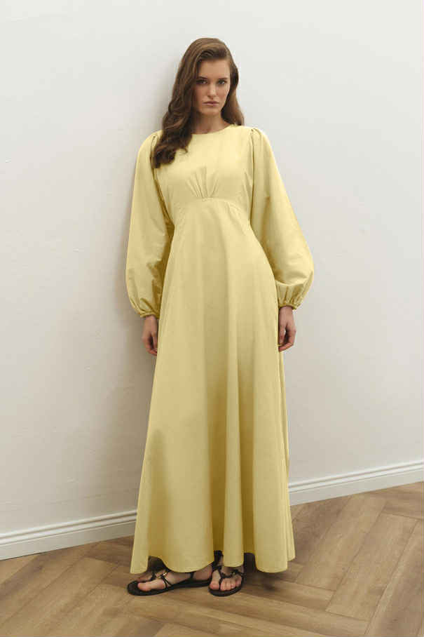 Cotton Dress met Ballonmouwen - Butter Yellow