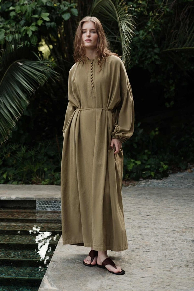 Cotton Dress met Ballonmouwen - Olijfgroen
