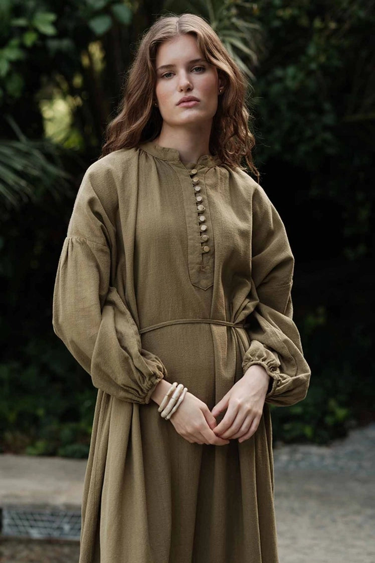 Cotton Dress met Ballonmouwen - Olijfgroen