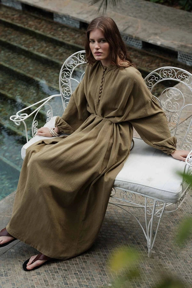 Cotton Dress met Ballonmouwen - Olijfgroen