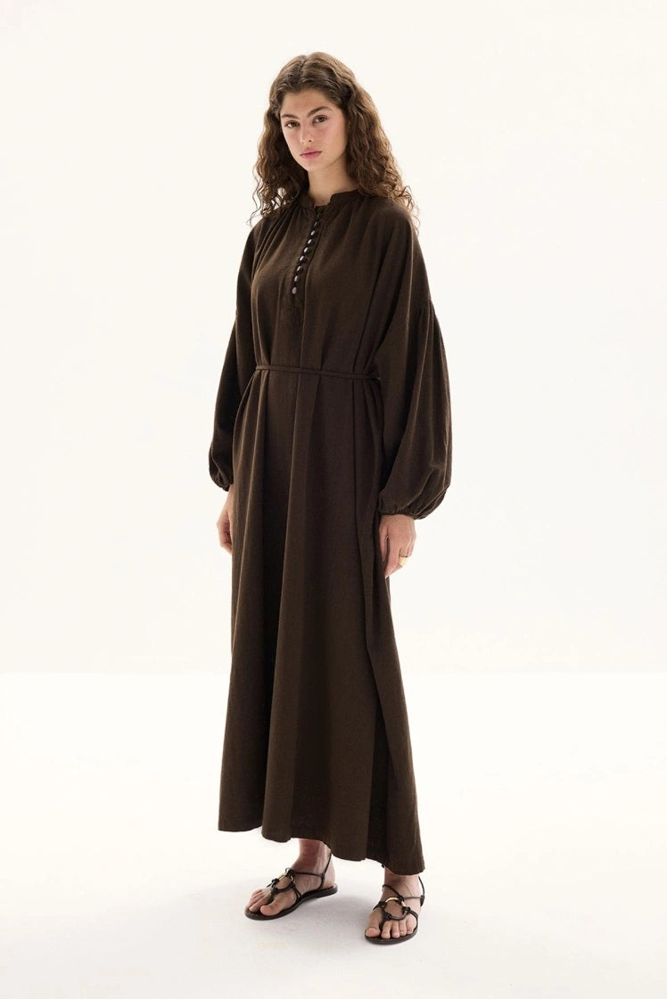 Cotton Dress met Ballonmouwen - Bruin