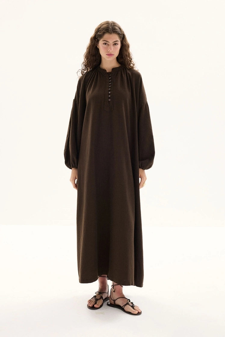 Cotton Dress met Ballonmouwen - Bruin