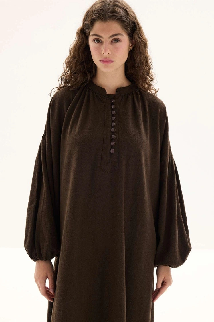 Cotton Dress met Ballonmouwen - Bruin