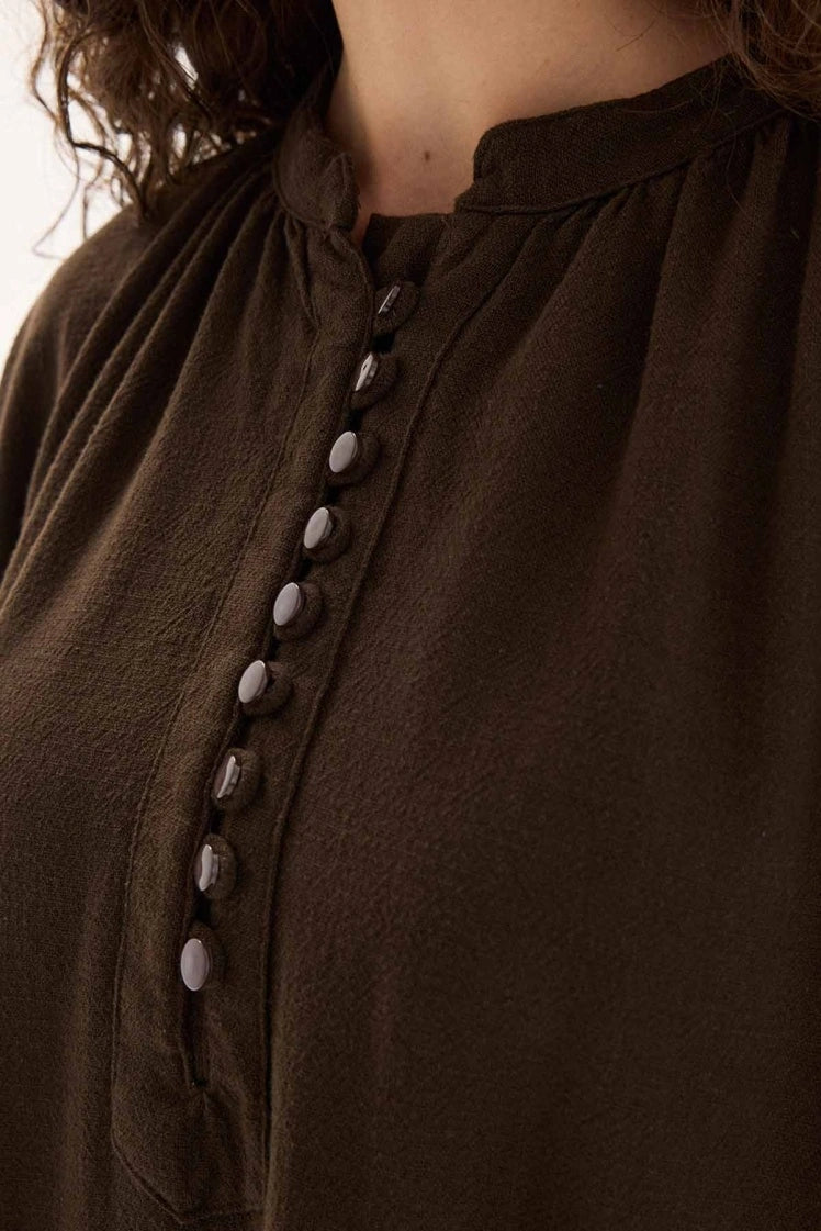 Cotton Dress met Ballonmouwen - Bruin