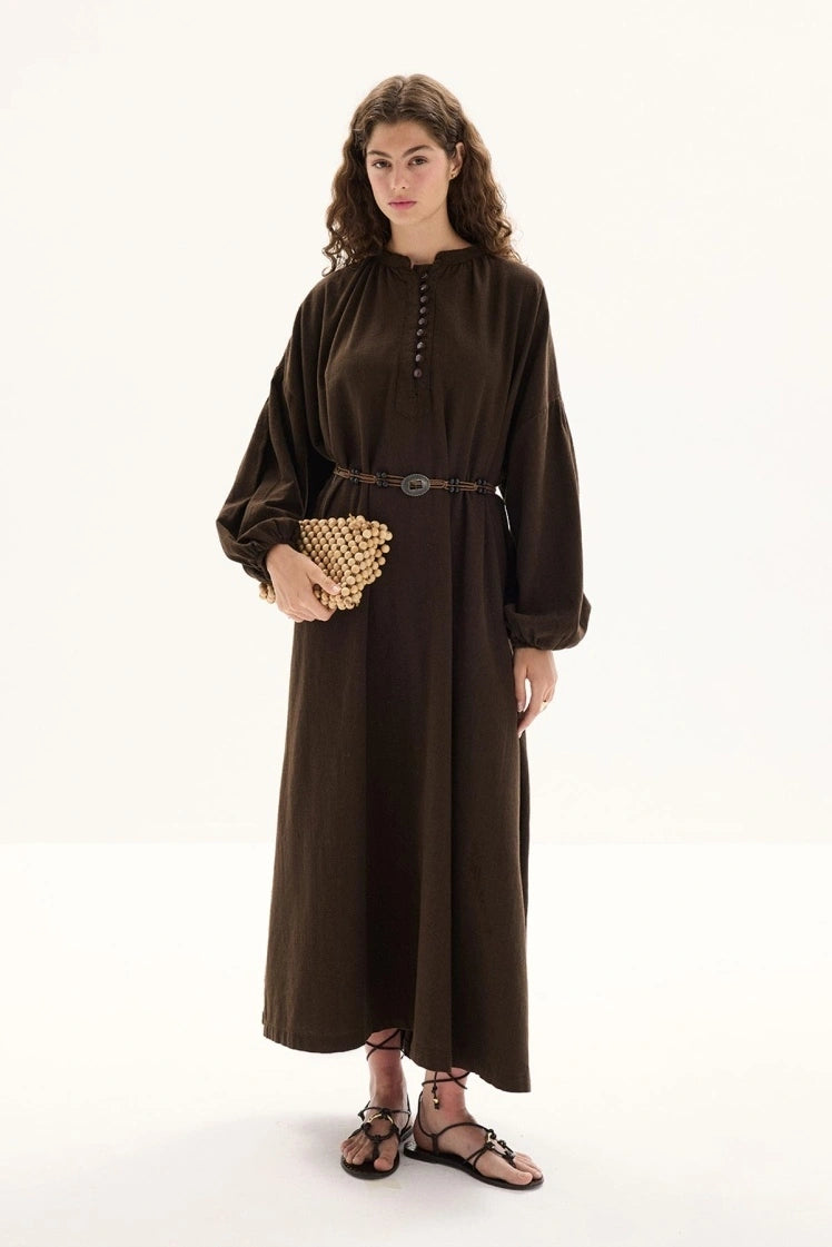 Cotton Dress met Ballonmouwen - Bruin