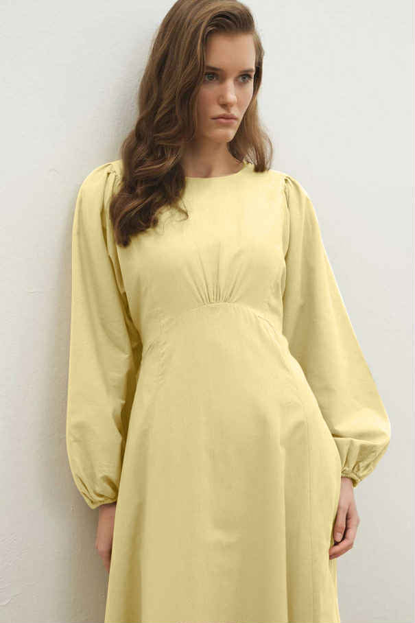 Cotton Dress met Ballonmouwen - Butter Yellow